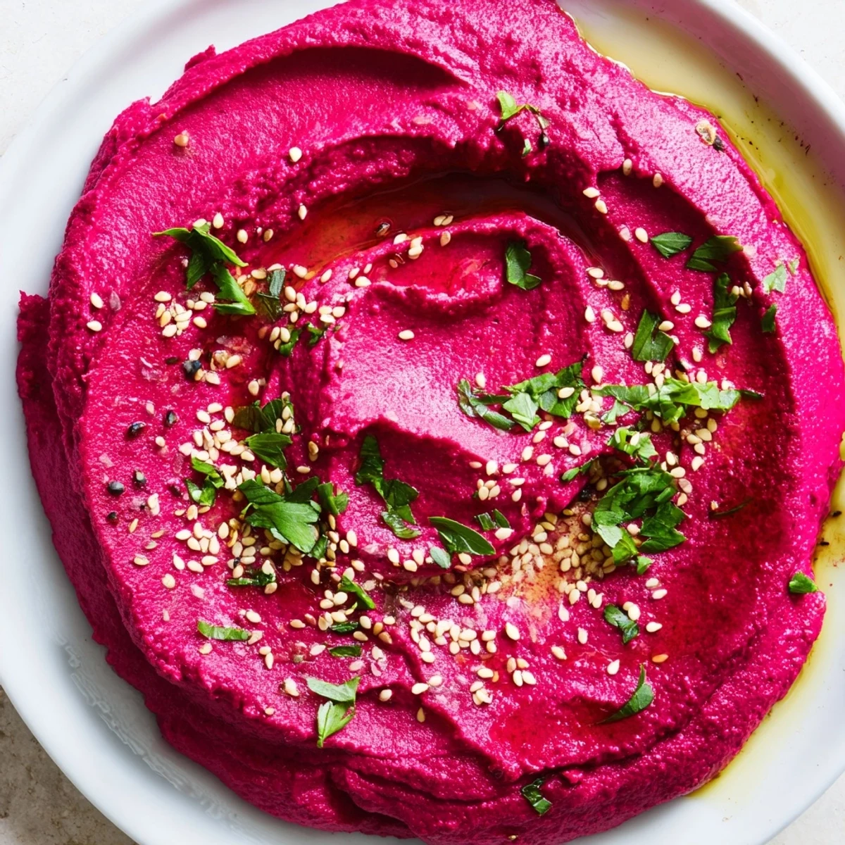 Earthy pink roasted beet hummus spread on toast, topped with sesame seeds and a drizzle of olive oil for a colorful, vegan snack.  