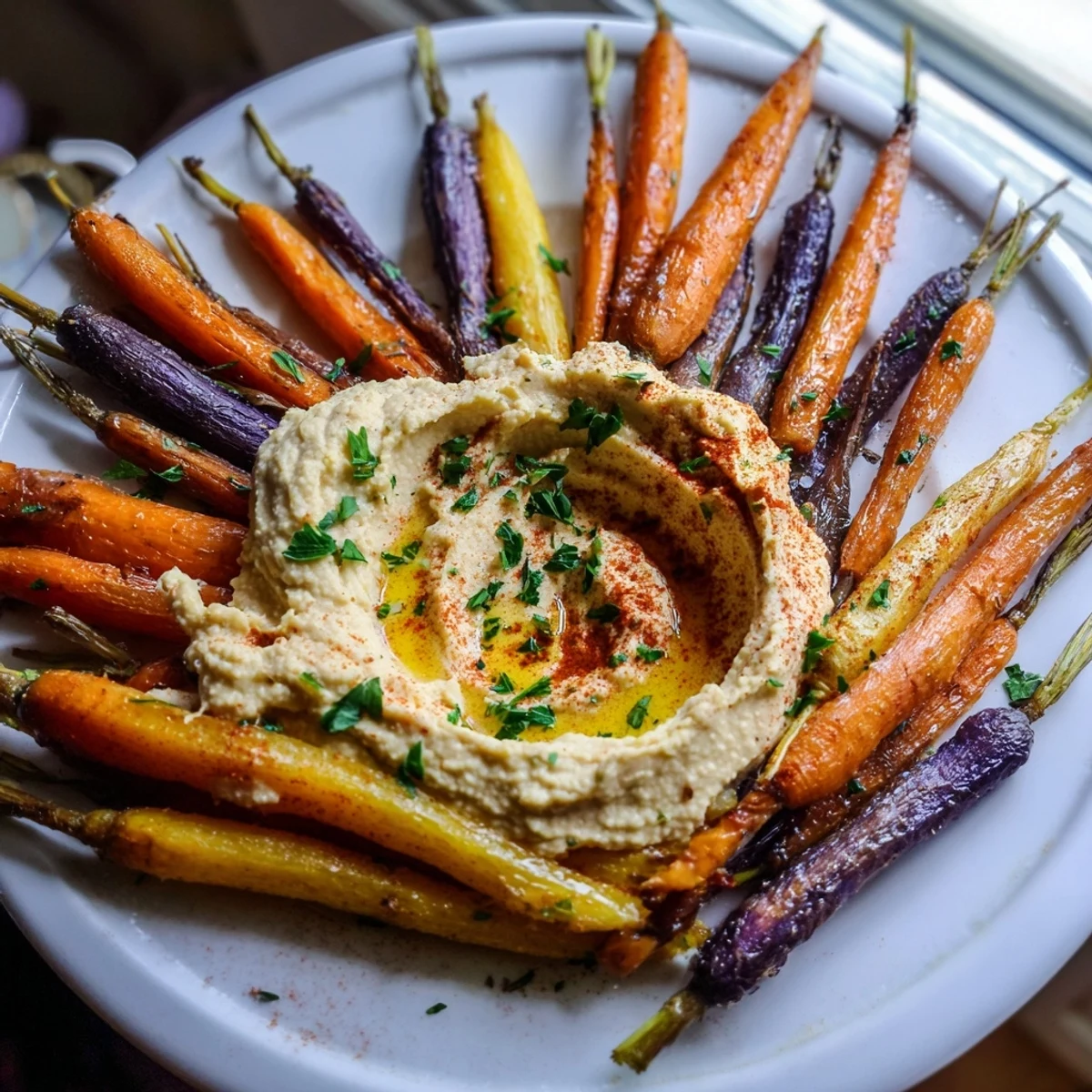 Oven-roasted rainbow carrots with creamy homemade tahini hummus, perfect for a colorful vegan appetizer.  
