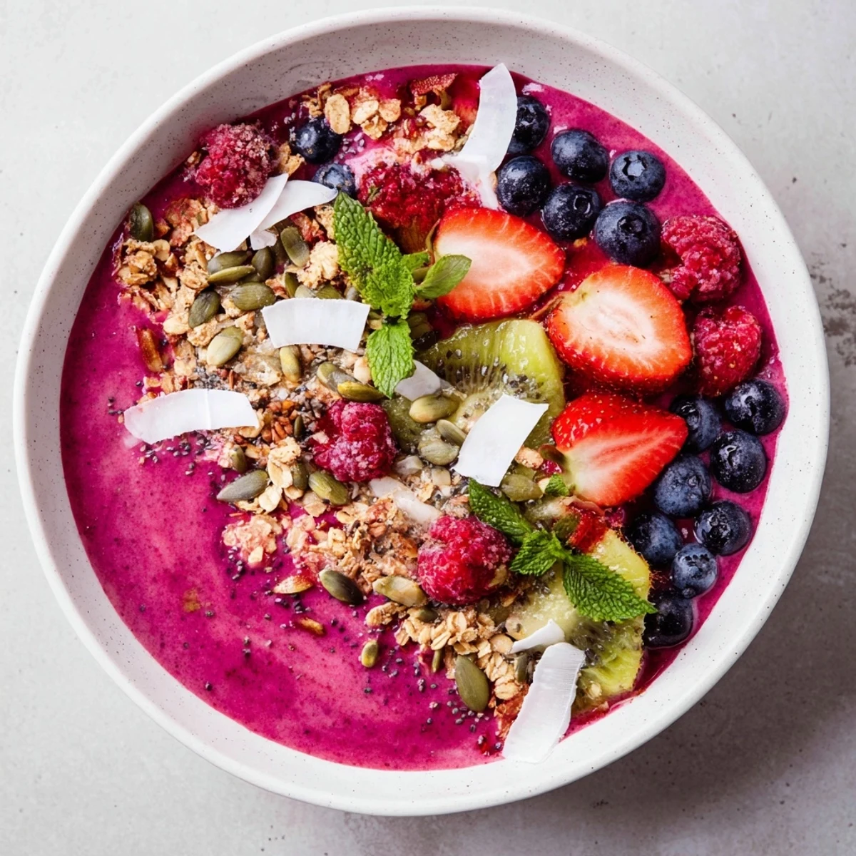 A vibrant Beet and Berry Smoothie Bowl topped with granola and fresh fruit for breakfast.