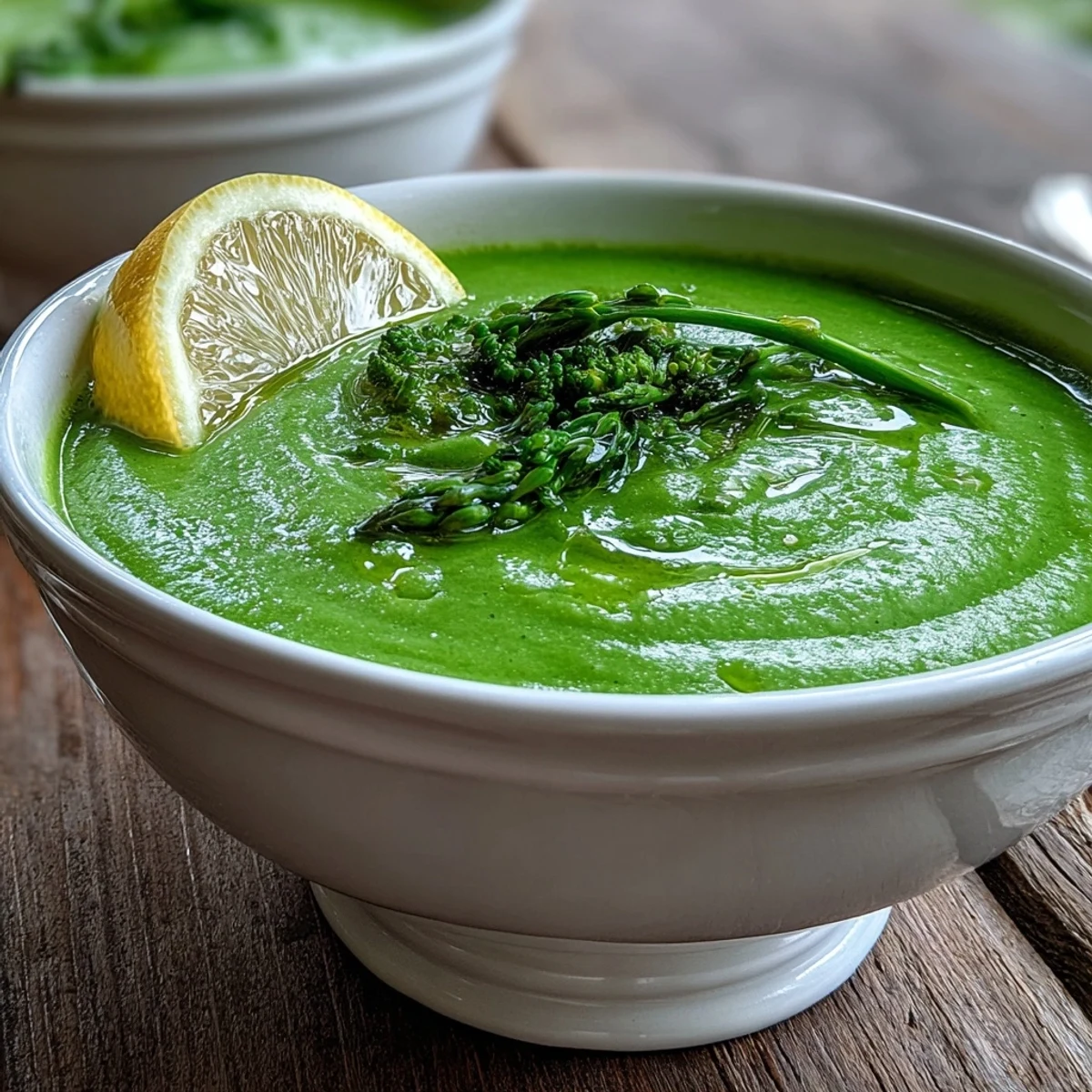 Close-up of velvety Big Green Immunity-Boosting Vegetable Soup highlighting vibrant spinach, broccoli, and tender asparagus in a ceramic mug.