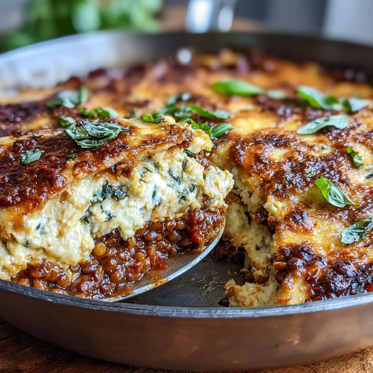 Layers of no-boil pasta, smoky lentil bolognese, and creamy ricotta in a rustic skillet.