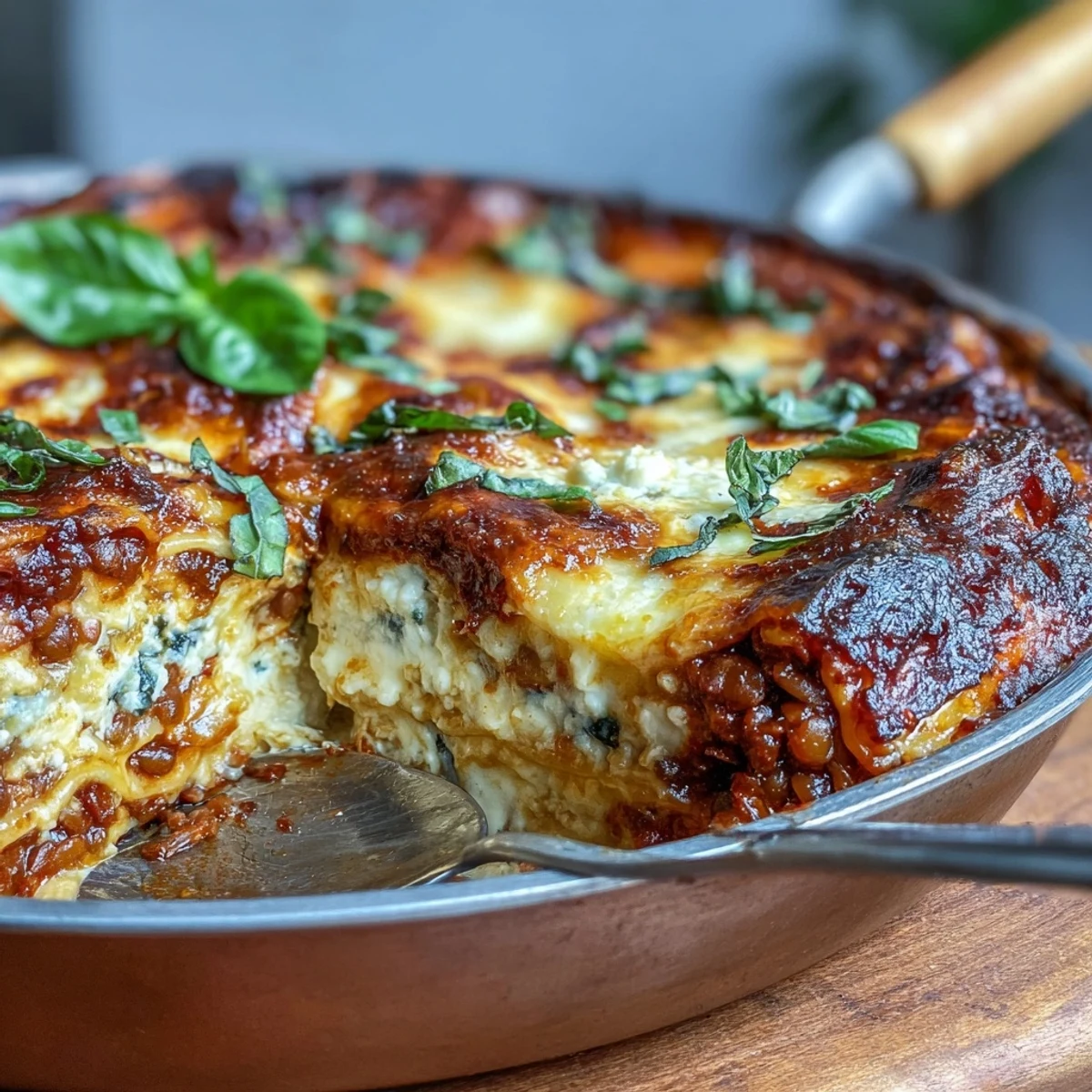 Sliced One-Pan Smoky Veggie Lentil Lasagne served with a crisp green salad and crusty bread.