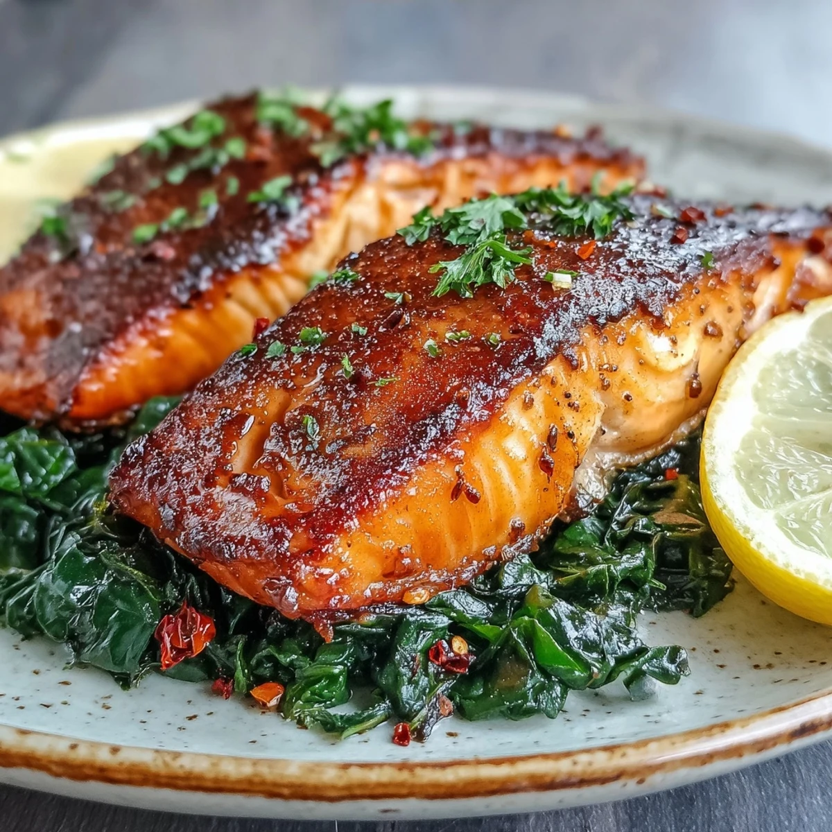 A perfectly cooked Air Fryer Salmon fillet shows flaky pink flesh and crisp skin beside sautéed greens.