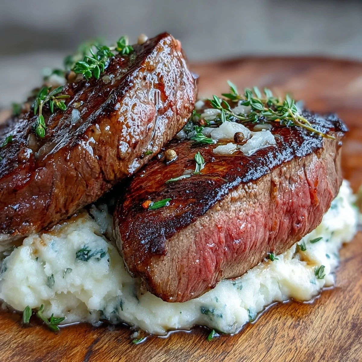 Golden pan-seared venison steaks rest on creamy caraway crushed swede, garnished with fresh thyme for a hearty main dish.