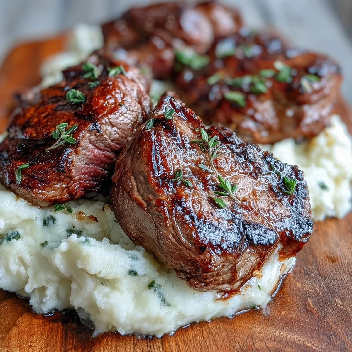 Plate of tender venison steaks with caraway crushed swede, served with an optional rich red wine pan sauce drizzle.