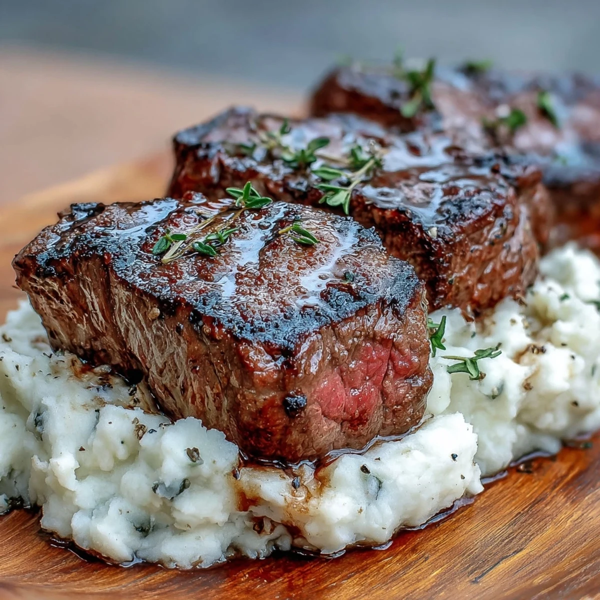 Rustic venison steaks atop buttery caraway swede mash, ideal for cozy dinners, paired with roasted root vegetables on the side.