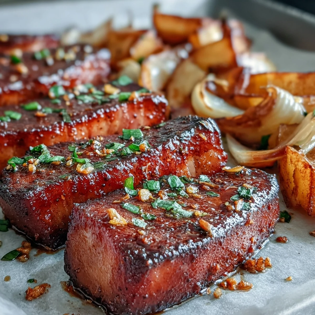 Roasted slices of Pork and Aromatic Rhubarb Traybake, glistening with glaze and nestled beside tender, caramelized orange-kissed rhubarb chunks.
