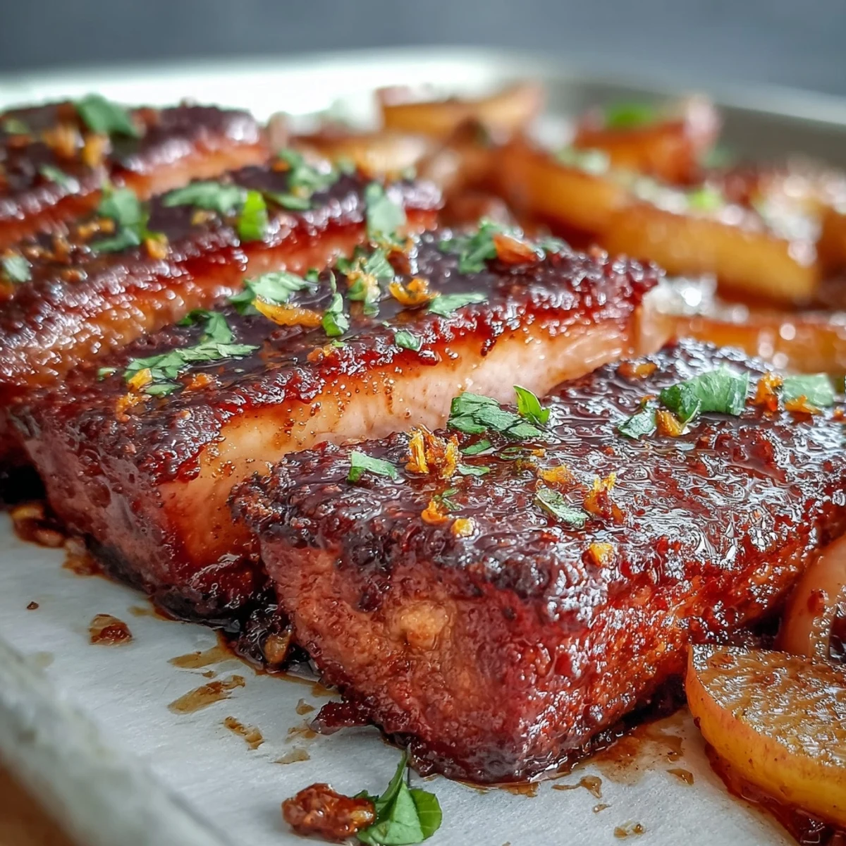 Close-up of savory Pork and Aromatic Rhubarb Traybake, featuring juicy meat wedges and soft, spiced fruit, perfect for a cozy weeknight dinner.