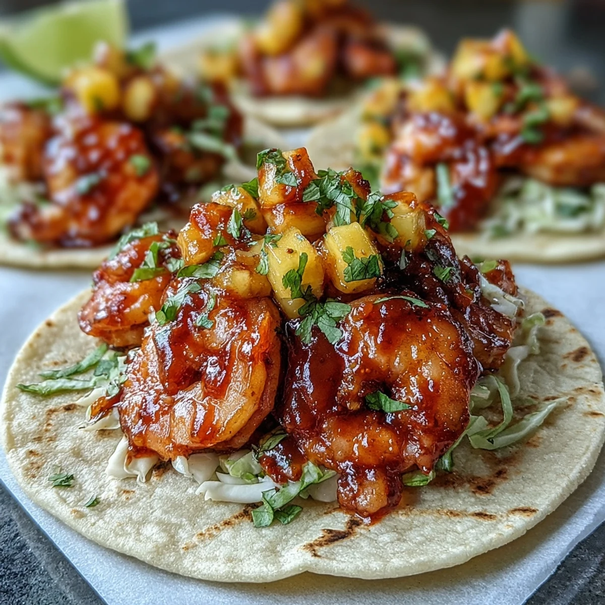 Golden-brown sriracha shrimp tacos garnished with cilantro and lime wedges, plated beside colorful mango salsa.