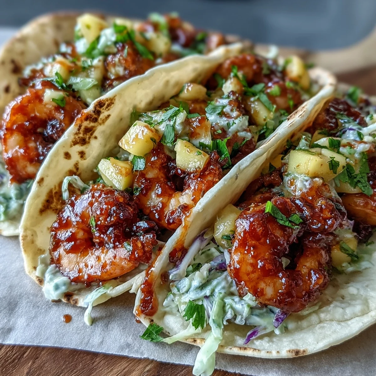 Spicy and sweet sriracha shrimp tacos filled with mango salsa and crisp cabbage, served on a rustic table.