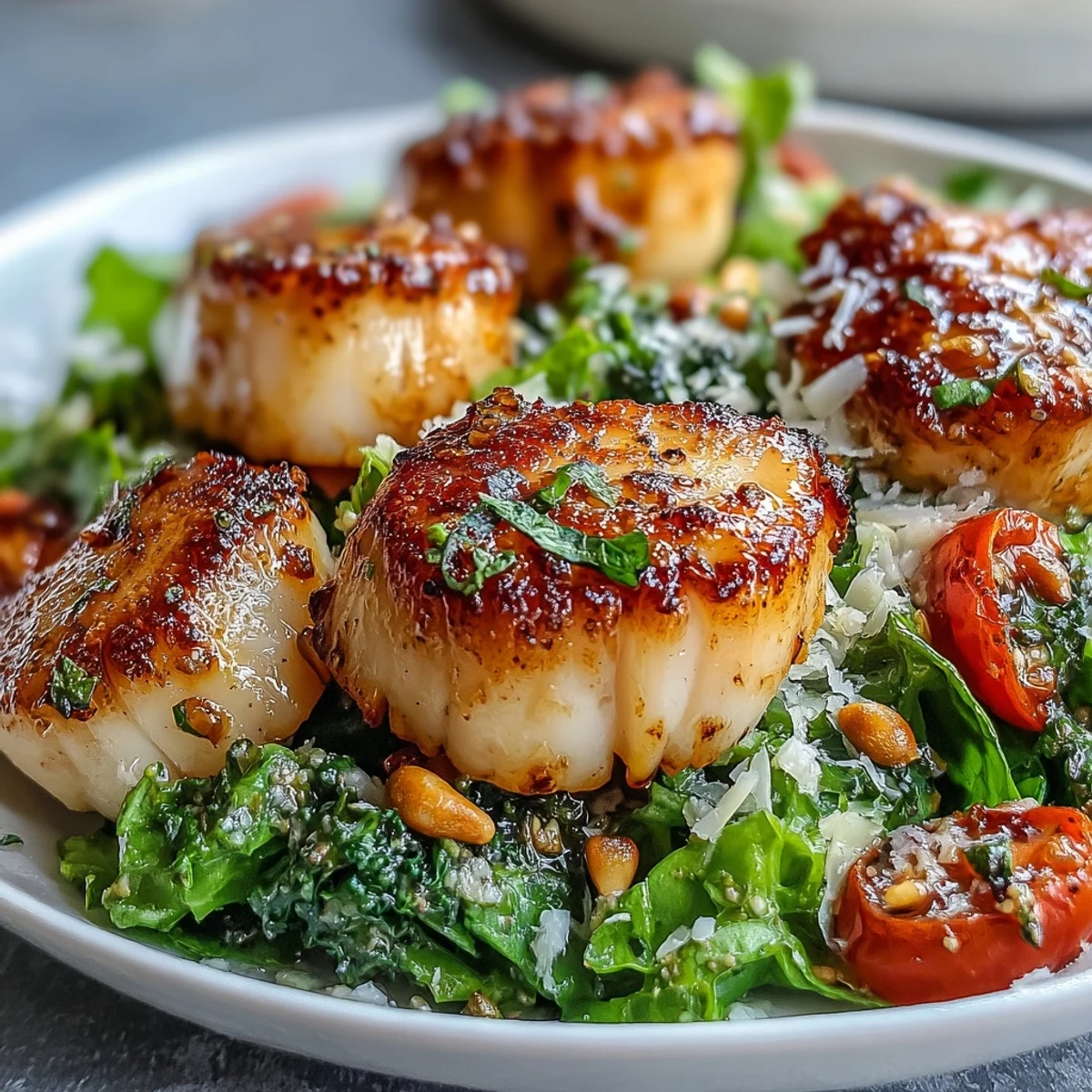 Plump seared scallops served over crisp greens with cherry tomatoes and shaved Parmesan.