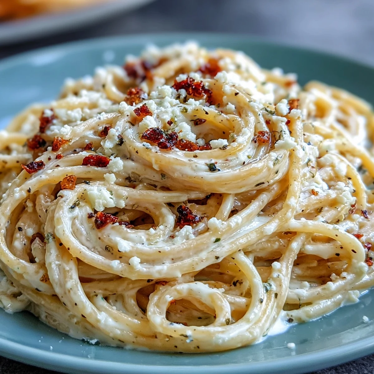 A steaming skillet of Cacio e Pepe ready to serve, topped with extra grated Pecorino and cracked pepper alongside crusty bread.