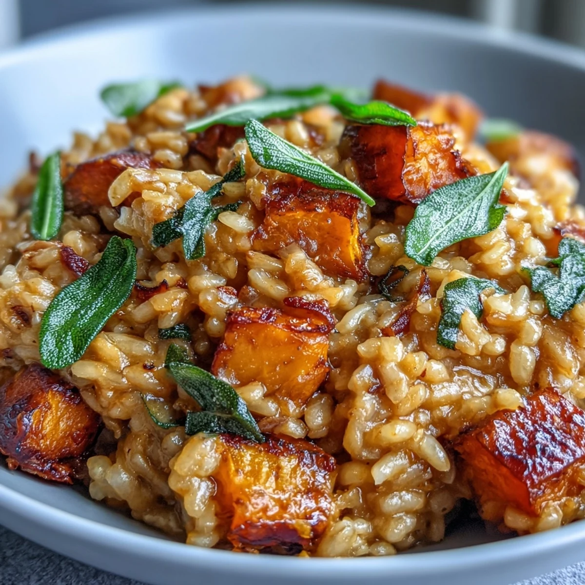 Vegan Pumpkin Risotto served in a rustic bowl, garnished with crispy sage and a sprinkle of nutritional yeast.