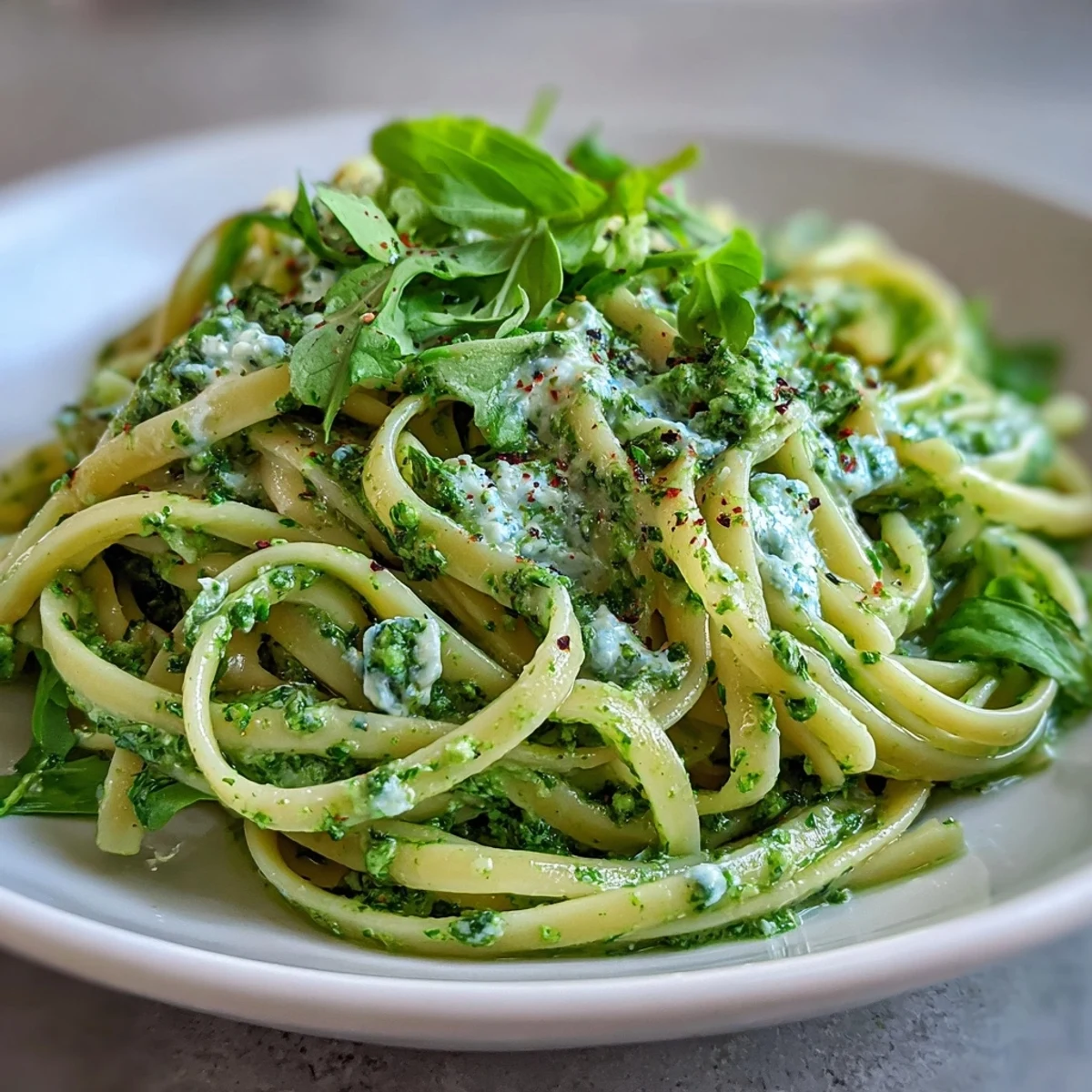 A close-up of Linguine with Arugula Pesto twirled on a fork, showcasing a vibrant green sauce flecked with Parmesan and fresh peppery arugula leaves.