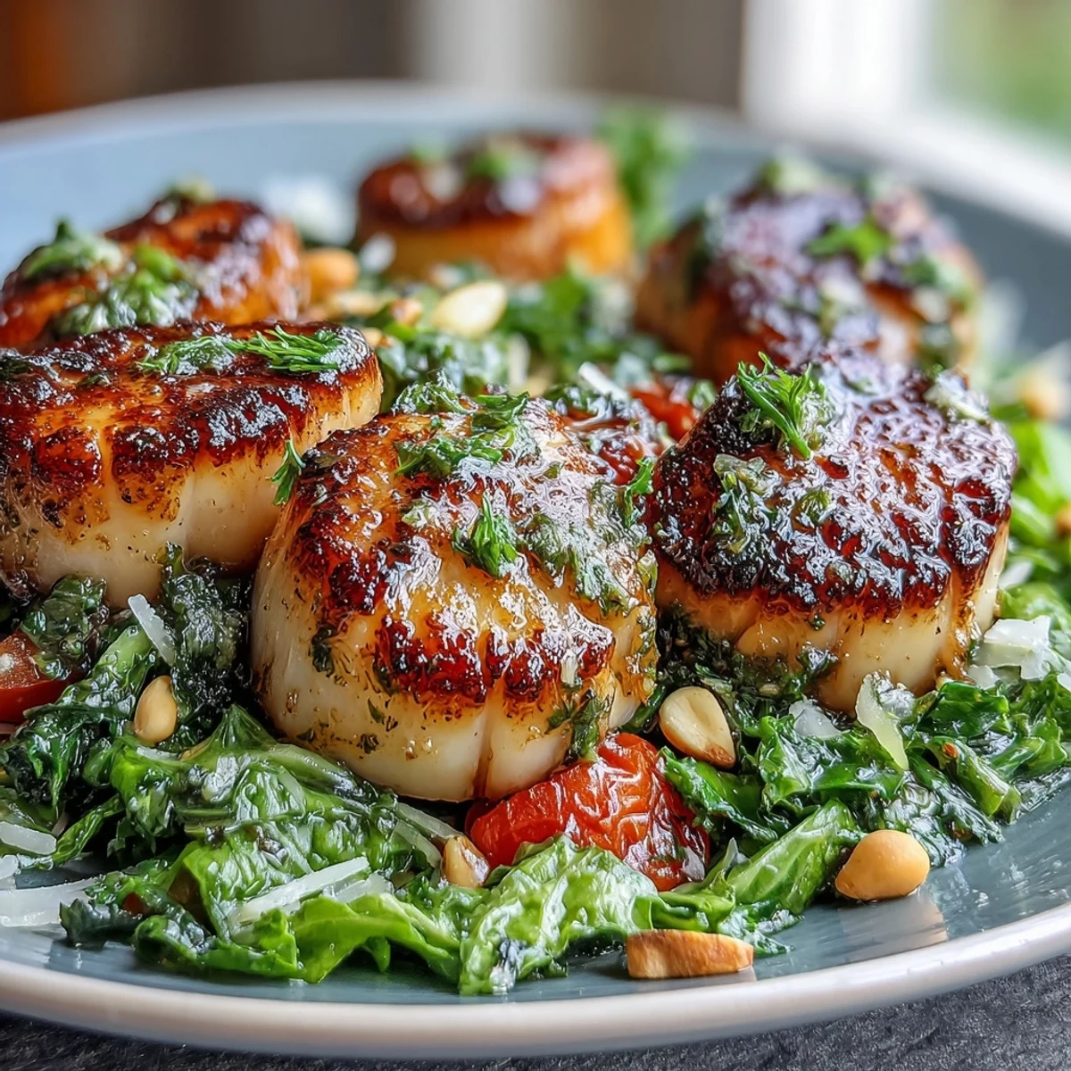 Golden seared scallops on a bed of escarole salad with pesto vinaigrette.
