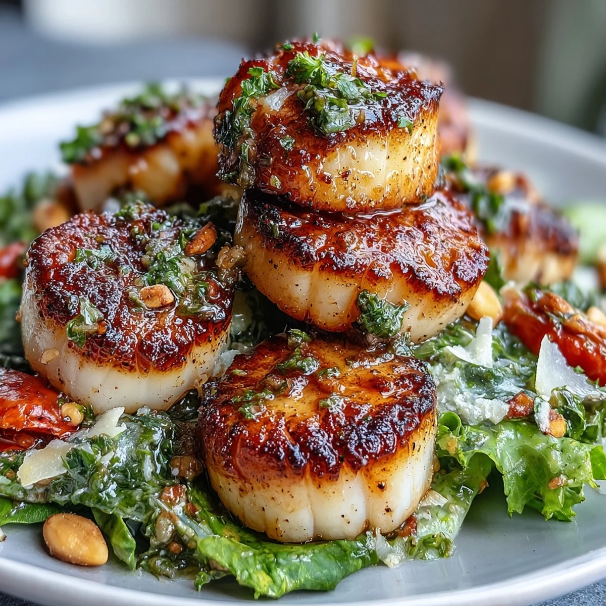 Fresh escarole salad topped with pan-seared scallops and a drizzle of pesto vinaigrette.