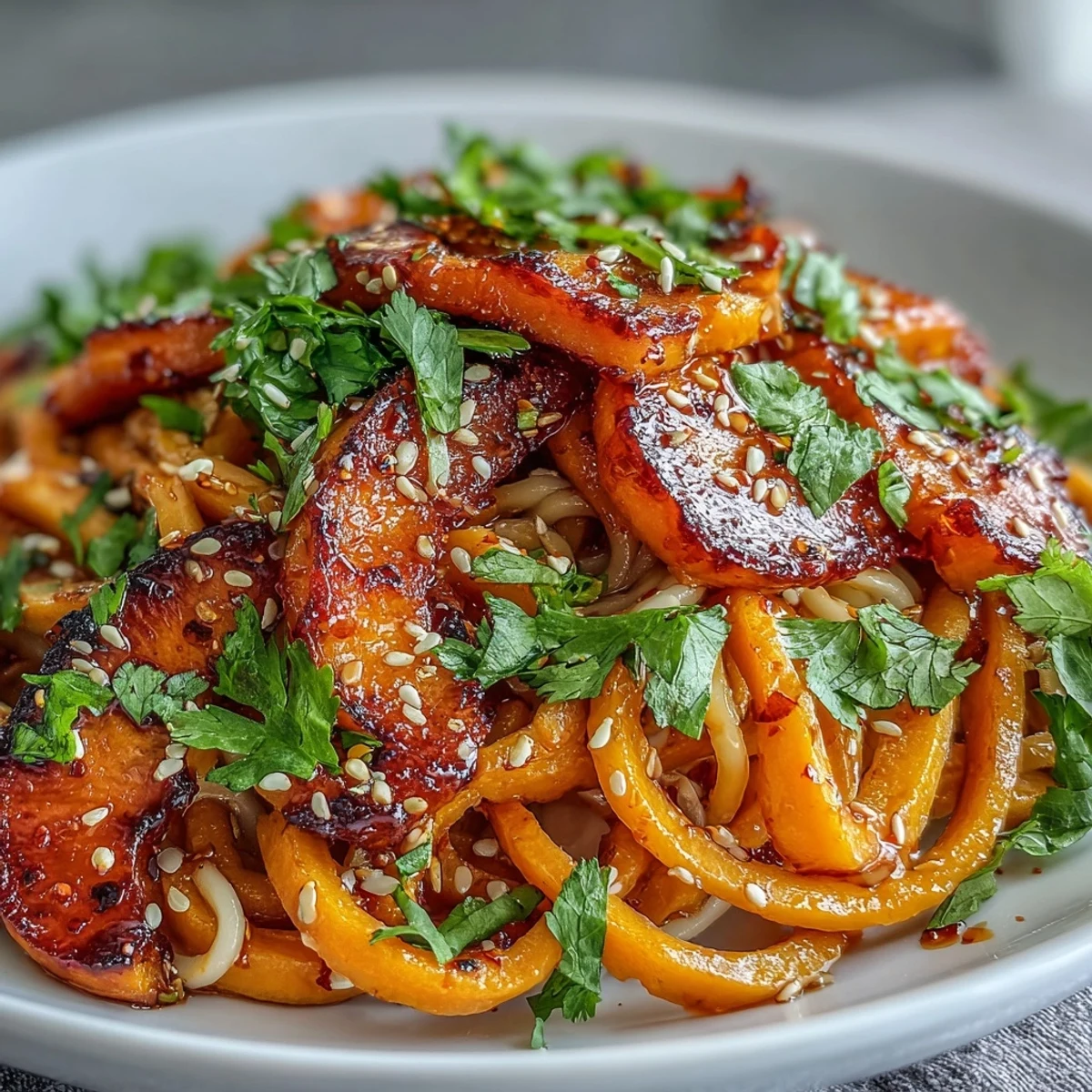 Gochujang Swede Noodles tossed with crisp bean sprouts and carrots, a colorful vegan main dish.