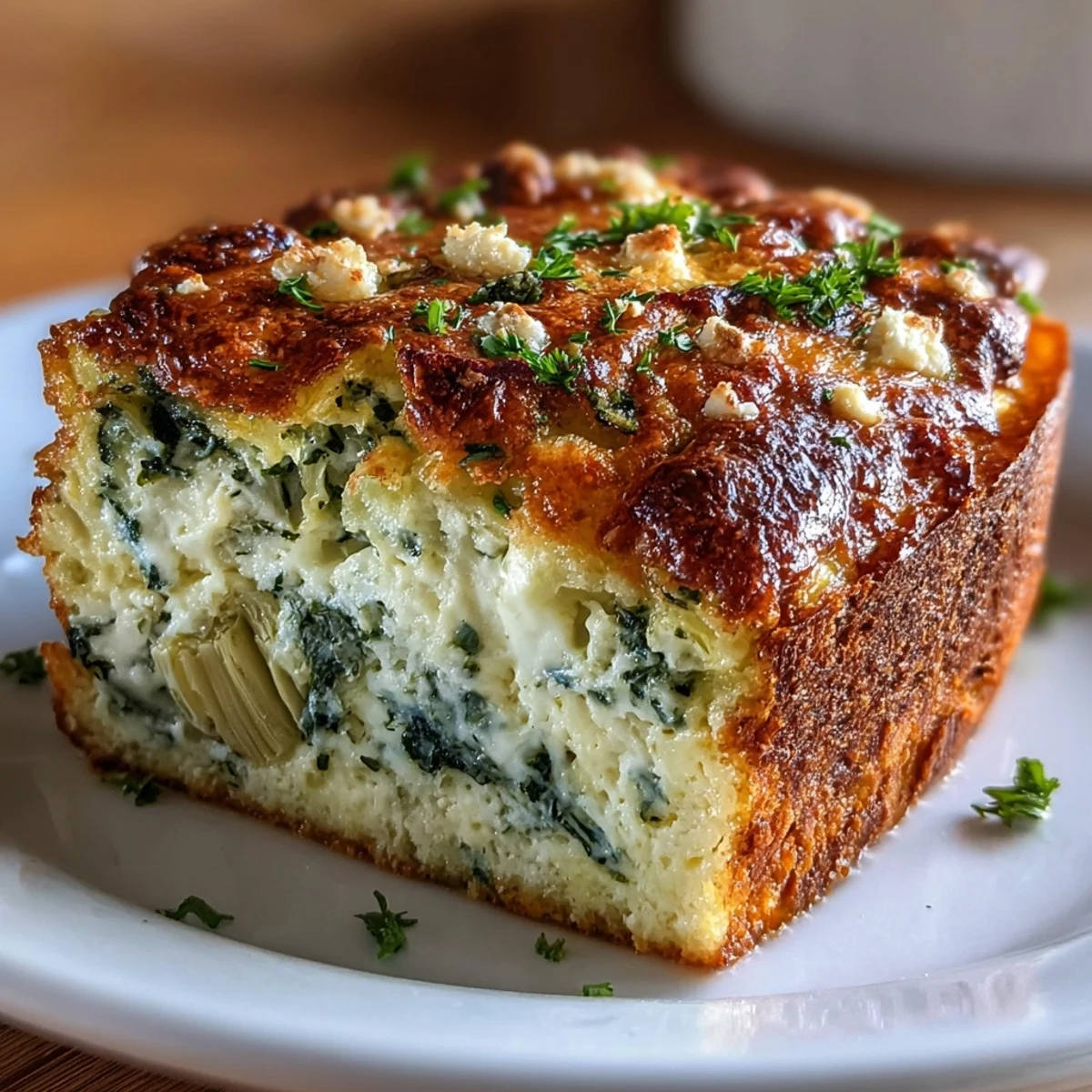 Golden-topped High Protein Spinach Artichoke Bake cooling on a wire rack, ready to slice.