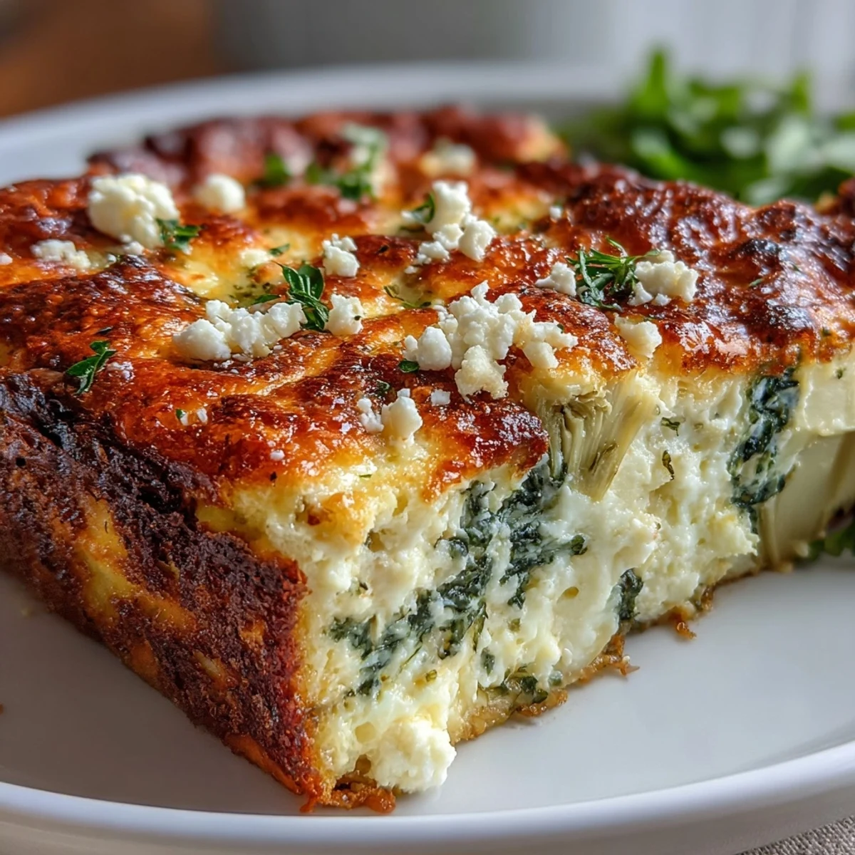 Fresh spinach and artichoke casserole with cottage cheese and feta, served with cherry tomatoes.