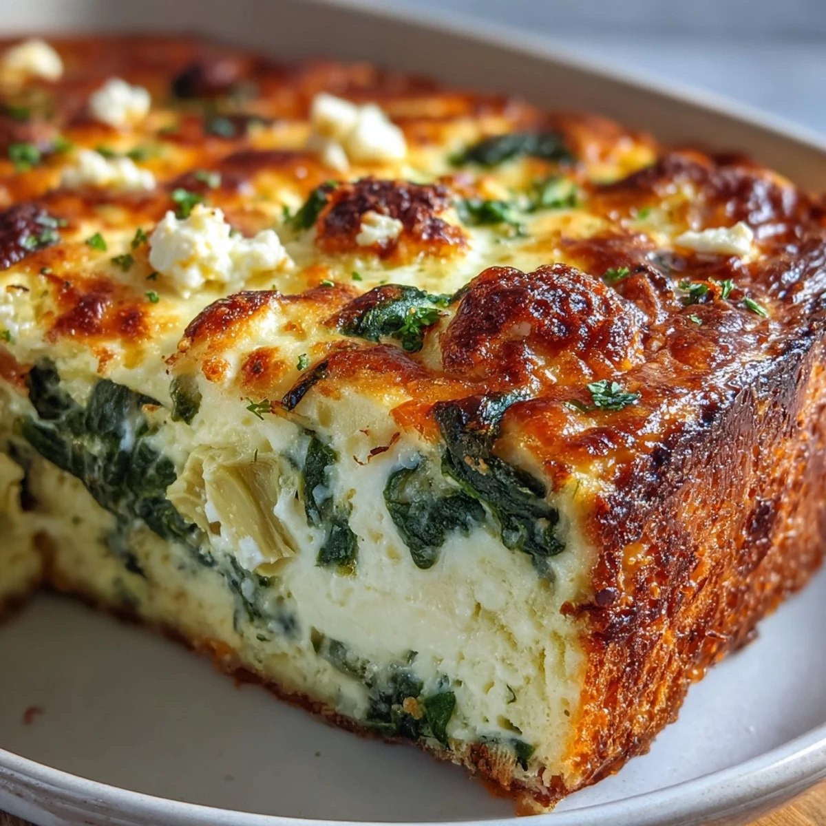Easy vegetarian High Protein Spinach Artichoke Bake in a white dish, perfect for dinner.