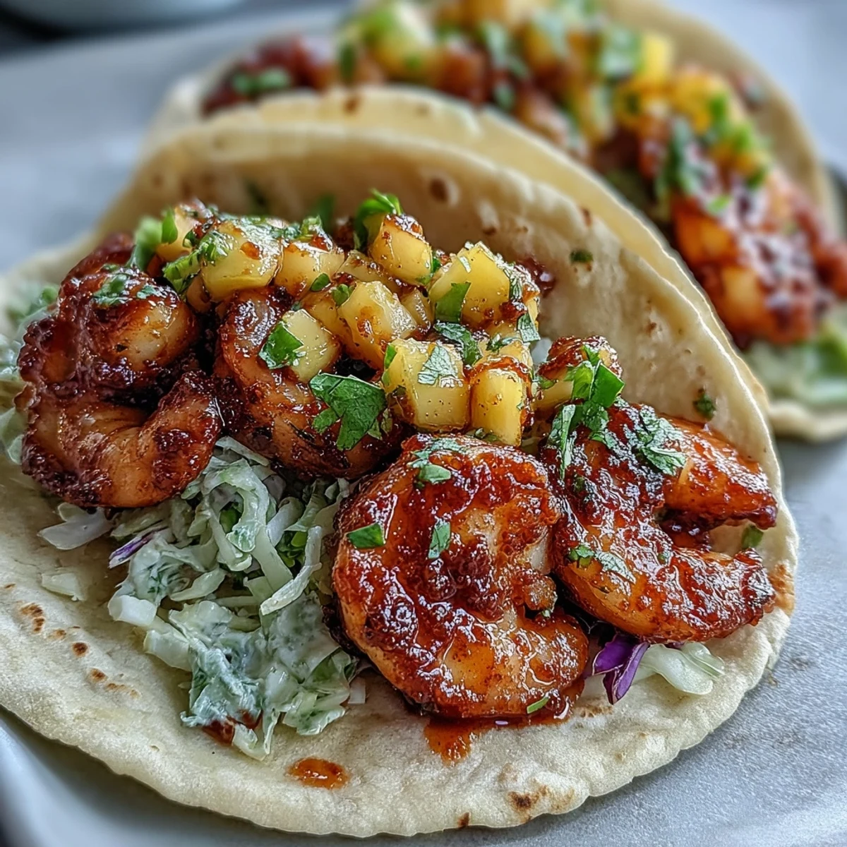 Juicy sriracha shrimp tacos topped with fresh mango salsa and shredded red cabbage in warm tortillas.