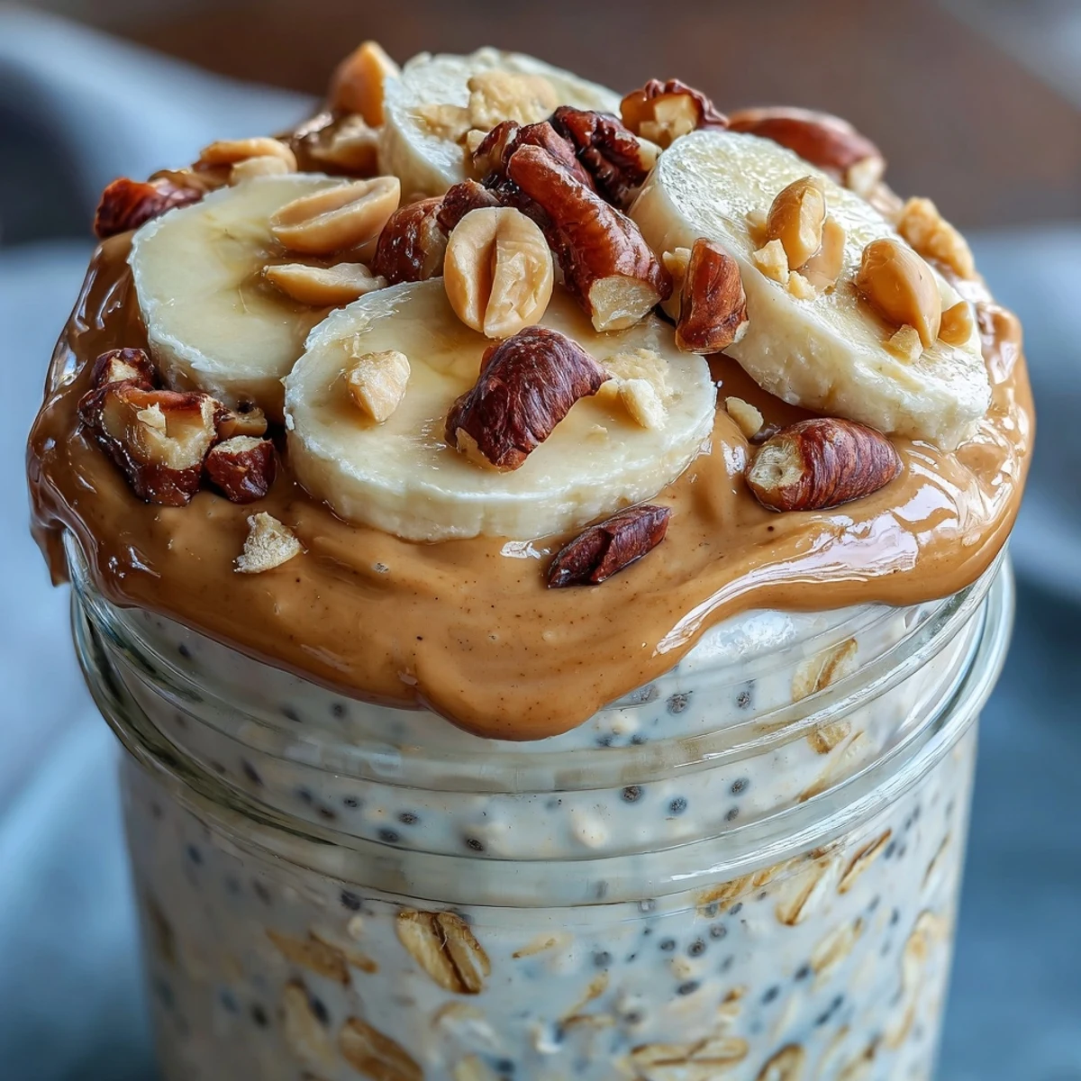 Overnight oats with peanut butter and a protein boost, served in a jar with banana slices.