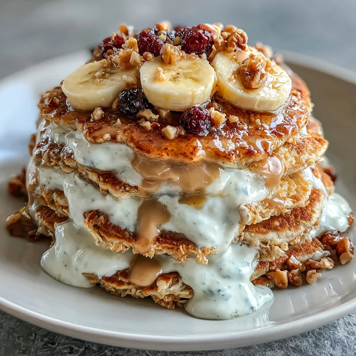 Golden Protein Pancake Bowl features fluffy oats, banana, and protein powder piled with nuts and honey.