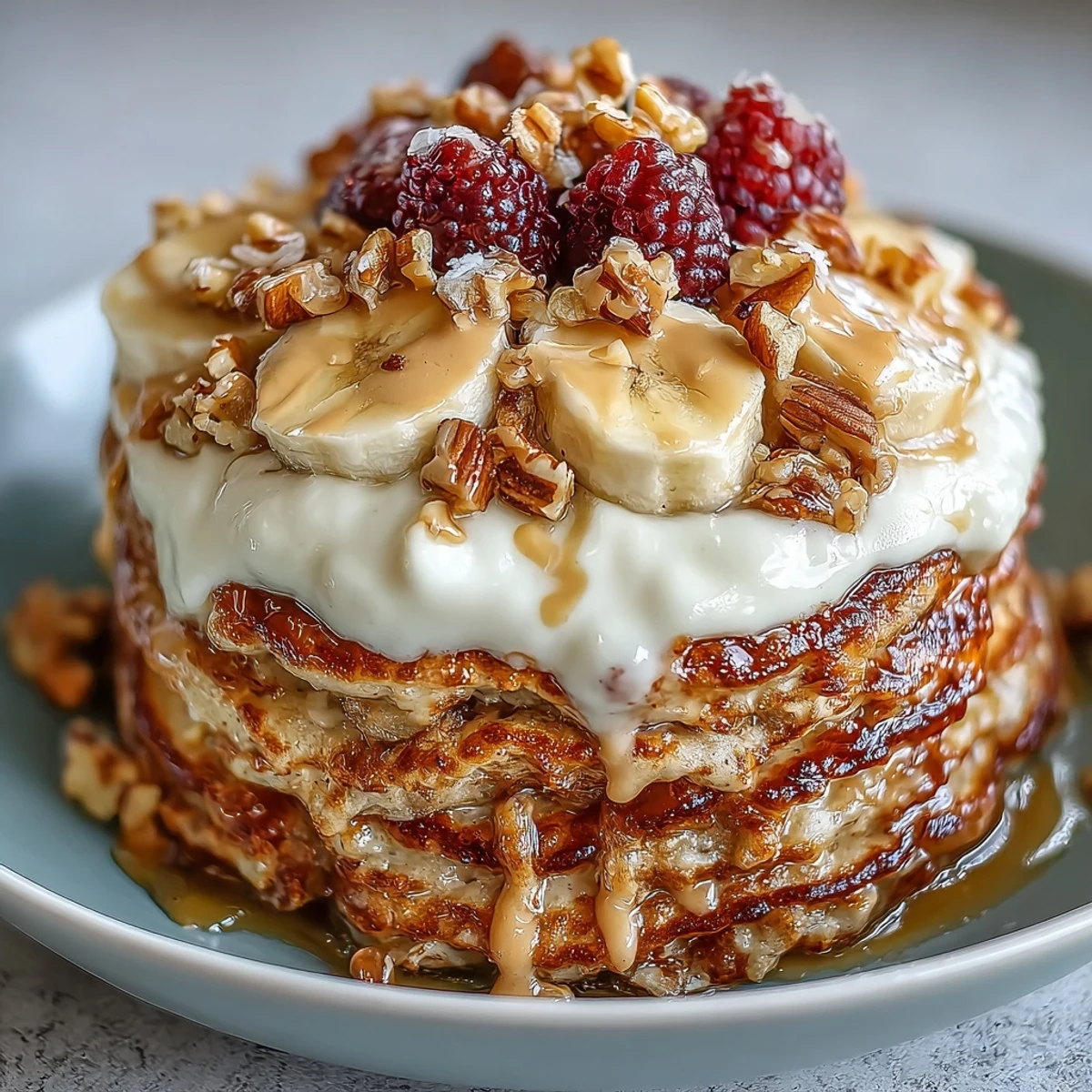 Satisfying Protein Pancake Bowl drizzled with nut butter and honey, served warm with crunchy granola.