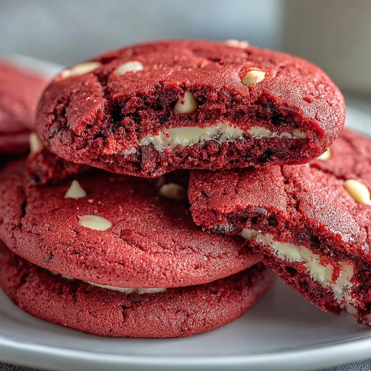 Freshly baked Pink Velvet Cookies with creamy white chocolate chips on a cooling rack.
