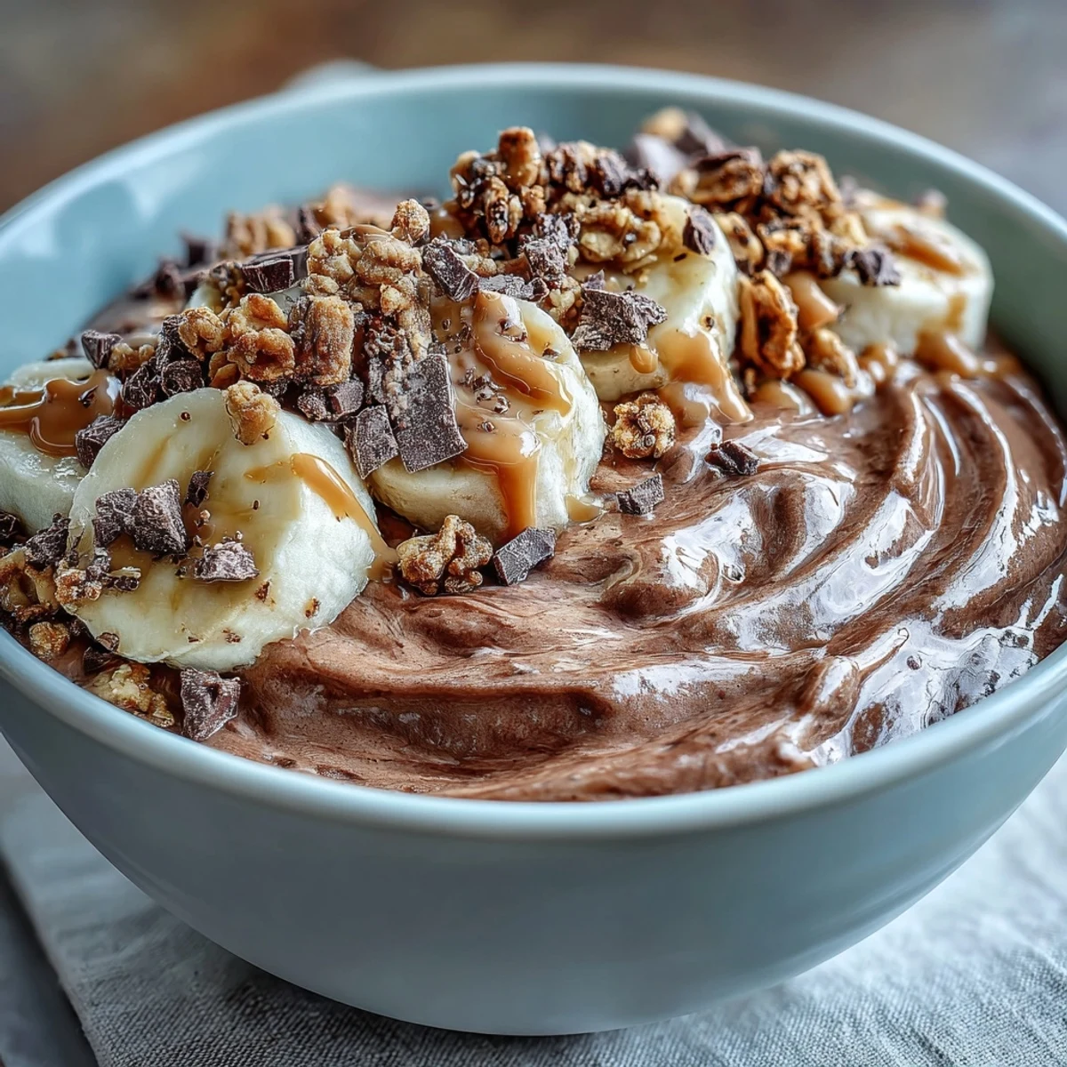 A thick, frosty Chocolate Peanut Butter Smoothie Bowl garnished with dark chocolate chunks and fresh fruit in a morning light.