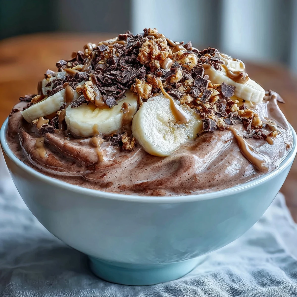Breakfast-ready Chocolate Peanut Butter Smoothie Bowl featuring a chocolatey base, crunchy granola, and a luscious peanut butter swirl.