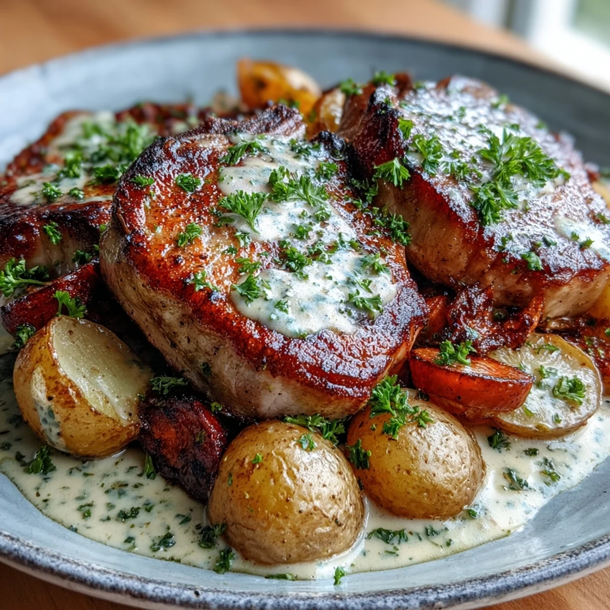Golden seared Crockpot Ranch Pork Chops spooned over fluffy rice for dinner.