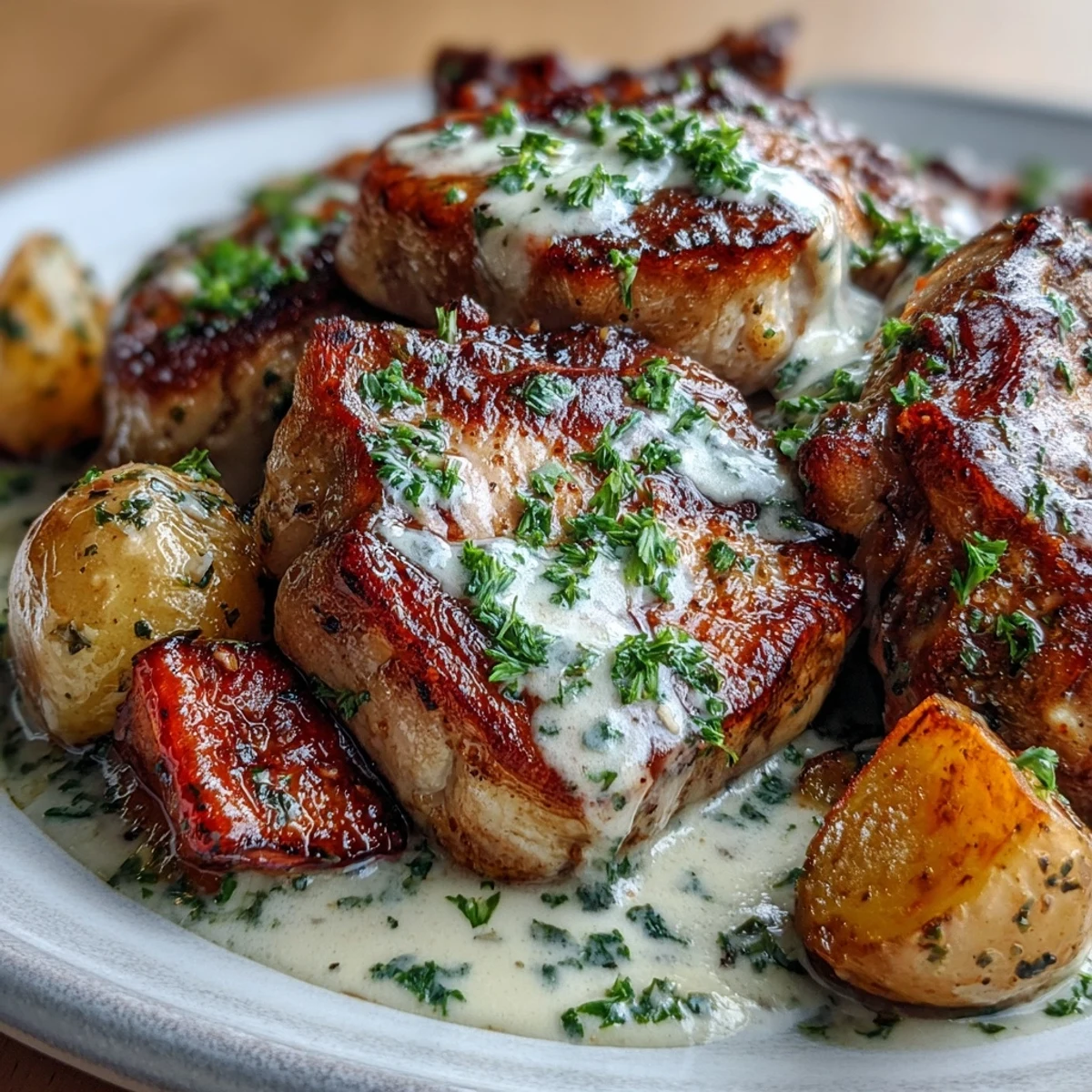 Fork-tender Crockpot Ranch Pork Chops drizzled with ranch sauce and fresh parsley garnish.
