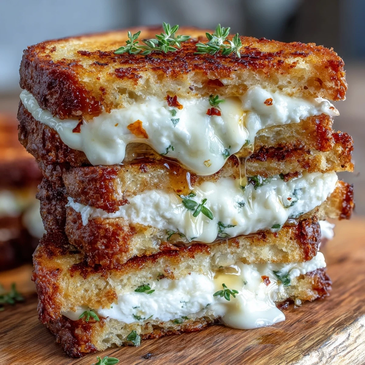 Close-up of a crisp toasted sandwich slice with melted cheese, sweet honey, and red chili flakes, served beside a glass of white wine.