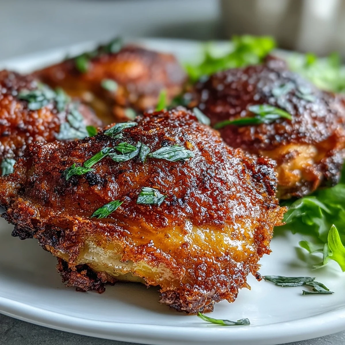 Crispy Baked Bone-In Chicken Thighs with golden crackling skin served on a platter with lemon wedges and fresh parsley.