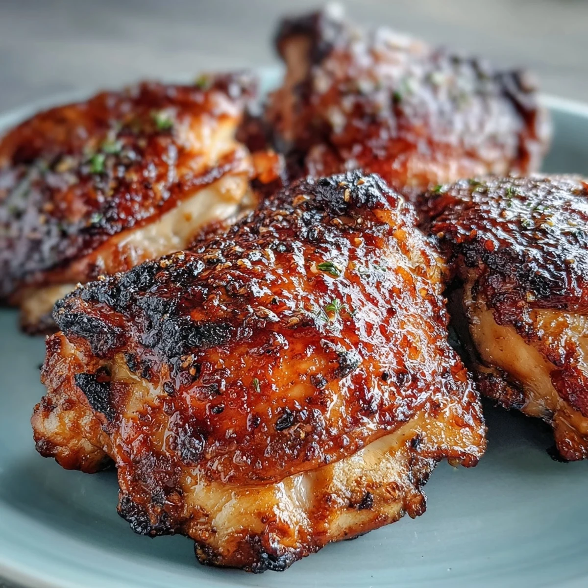 Dinner plate with Crispy Baked Bone-In Chicken Thighs, paired with roasted vegetables and a sprinkle of chopped parsley garnish.