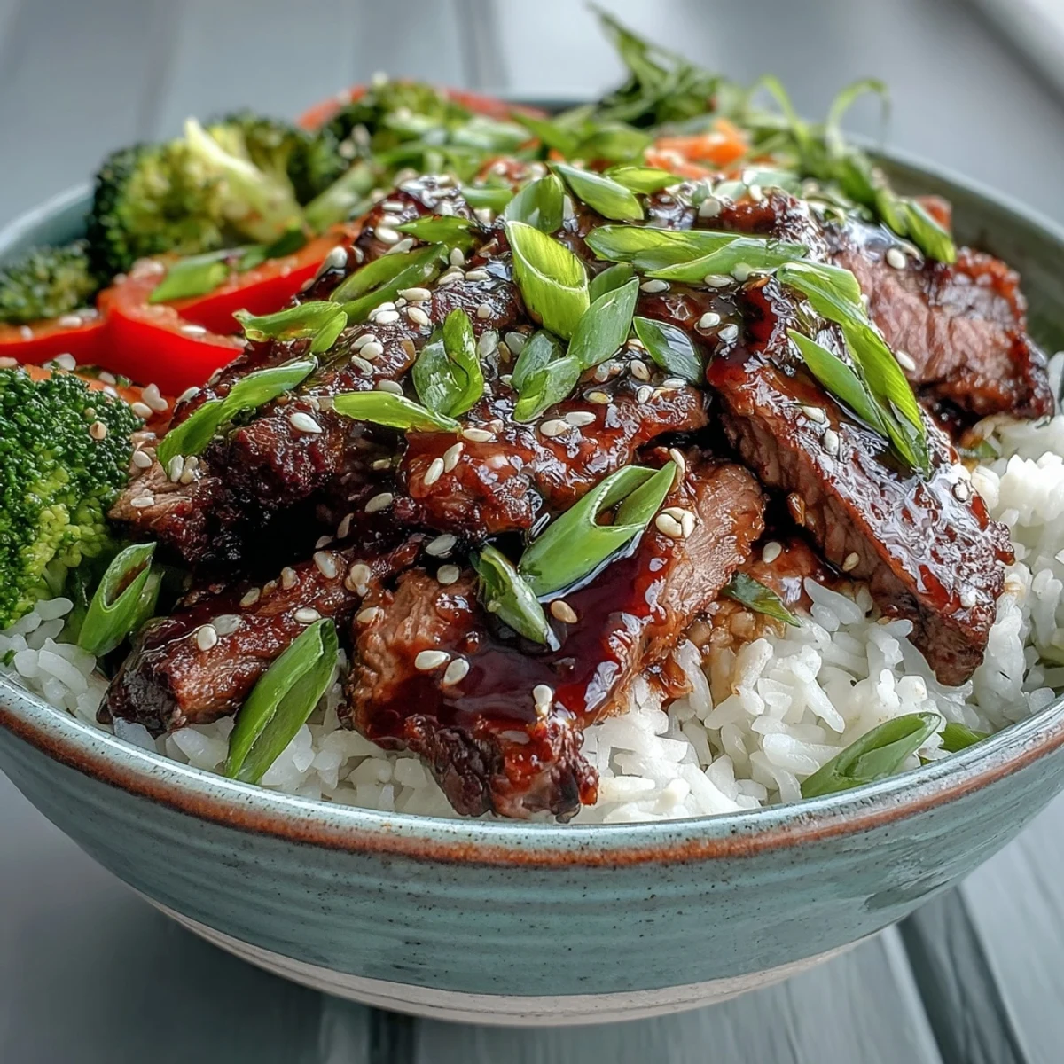 Steaming teriyaki beef bowl with fluffy rice, glossy sauce, and colorful sautéed vegetables on a rustic table.