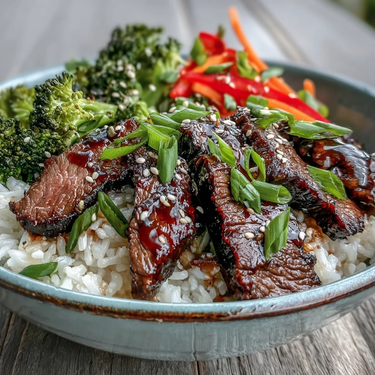 Close-up of tender beef slices glistening in homemade teriyaki sauce, served over white rice with broccoli and peppers.