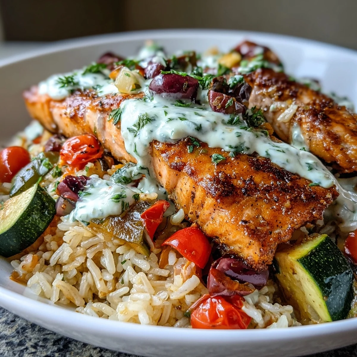 A close-up of the Crispy Rice Salmon Bowl, featuring golden-brown rice, flaky pan-seared salmon, and colorful Mediterranean vegetables with a creamy lemon-yogurt drizzle.