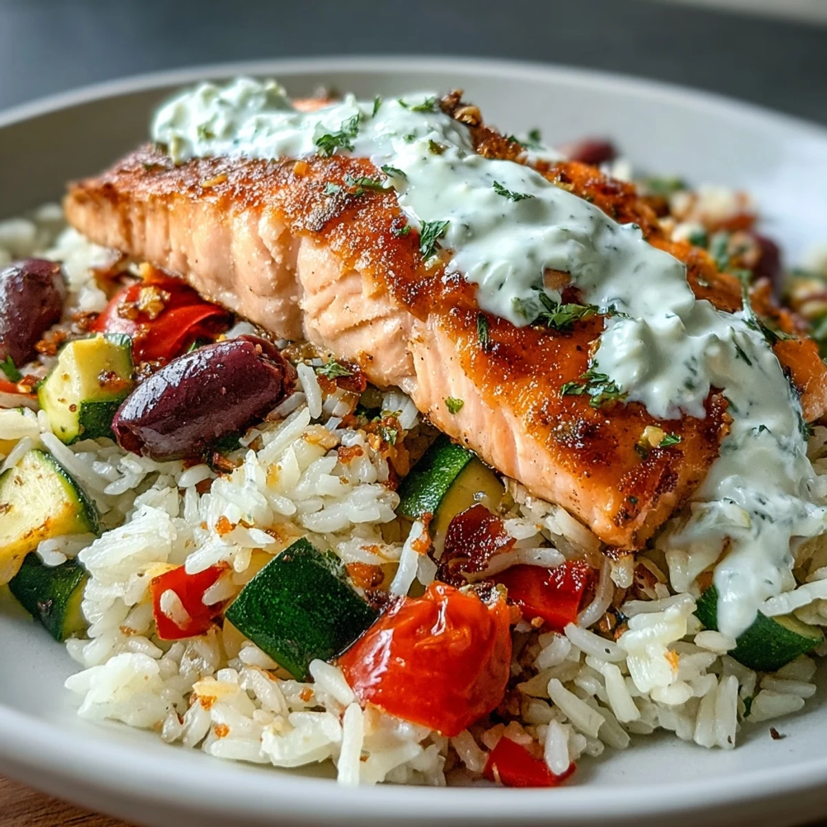 Freshly prepared Crispy Rice Salmon Bowl with seared salmon fillets resting on crispy rice, finished with a zesty dill-lemon yogurt sauce and fresh herbs.