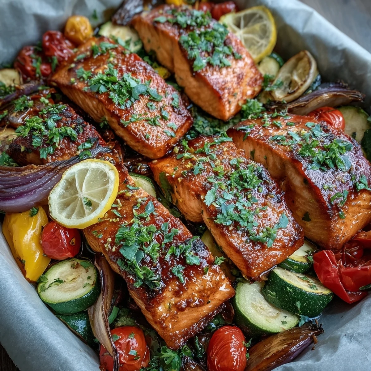 Healthy one-pan dinner of roasted salmon with carrots and red onion, served hot with fresh lemon for a bright finish.