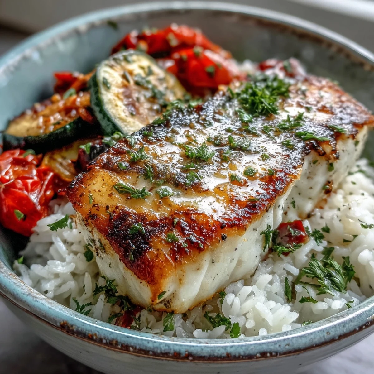 Golden-brown pan-seared fish fillet rests atop fluffy jasmine rice, surrounded by vibrant roasted zucchini, bell peppers, and cherry tomatoes.