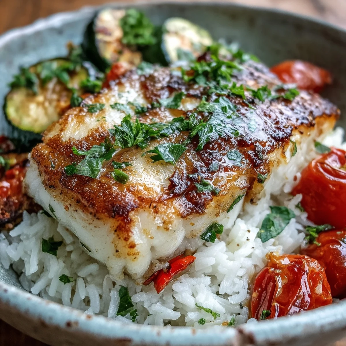 A hearty gluten-free meal of pan-seared white fish and roasted veggies over rice, finished with zesty lemon butter sauce.