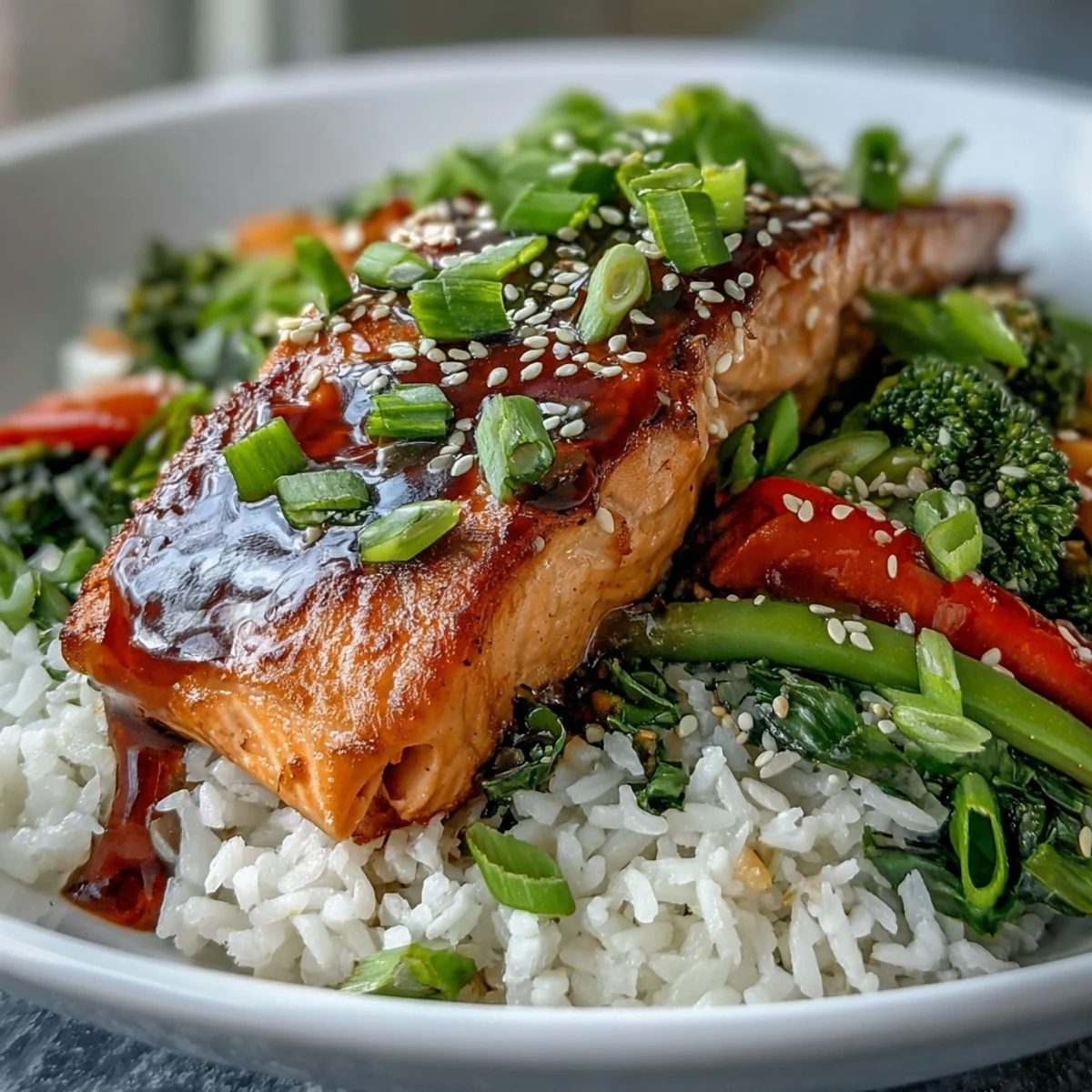 A beautifully composed Teriyaki Salmon Bowl with tender fish, crisp vegetables, and sesame garnish, ready for a healthy and satisfying dinner.