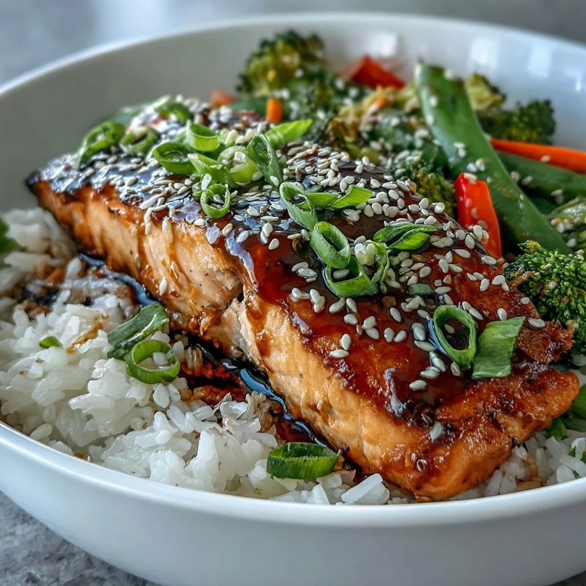 A close-up of a vibrant Teriyaki Salmon Bowl featuring glistening glazed salmon, fluffy rice, and colorful stir-fried vegetables like bell peppers and broccoli.