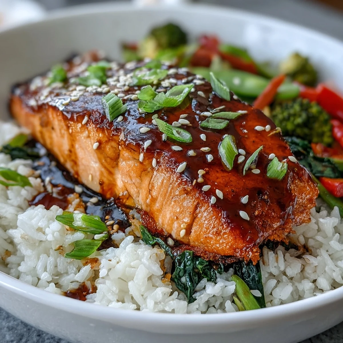 An overhead view of a delicious Teriyaki Salmon Bowl, highlighting the glossy teriyaki sauce drizzled over salmon, rice, and vibrant veggies.
