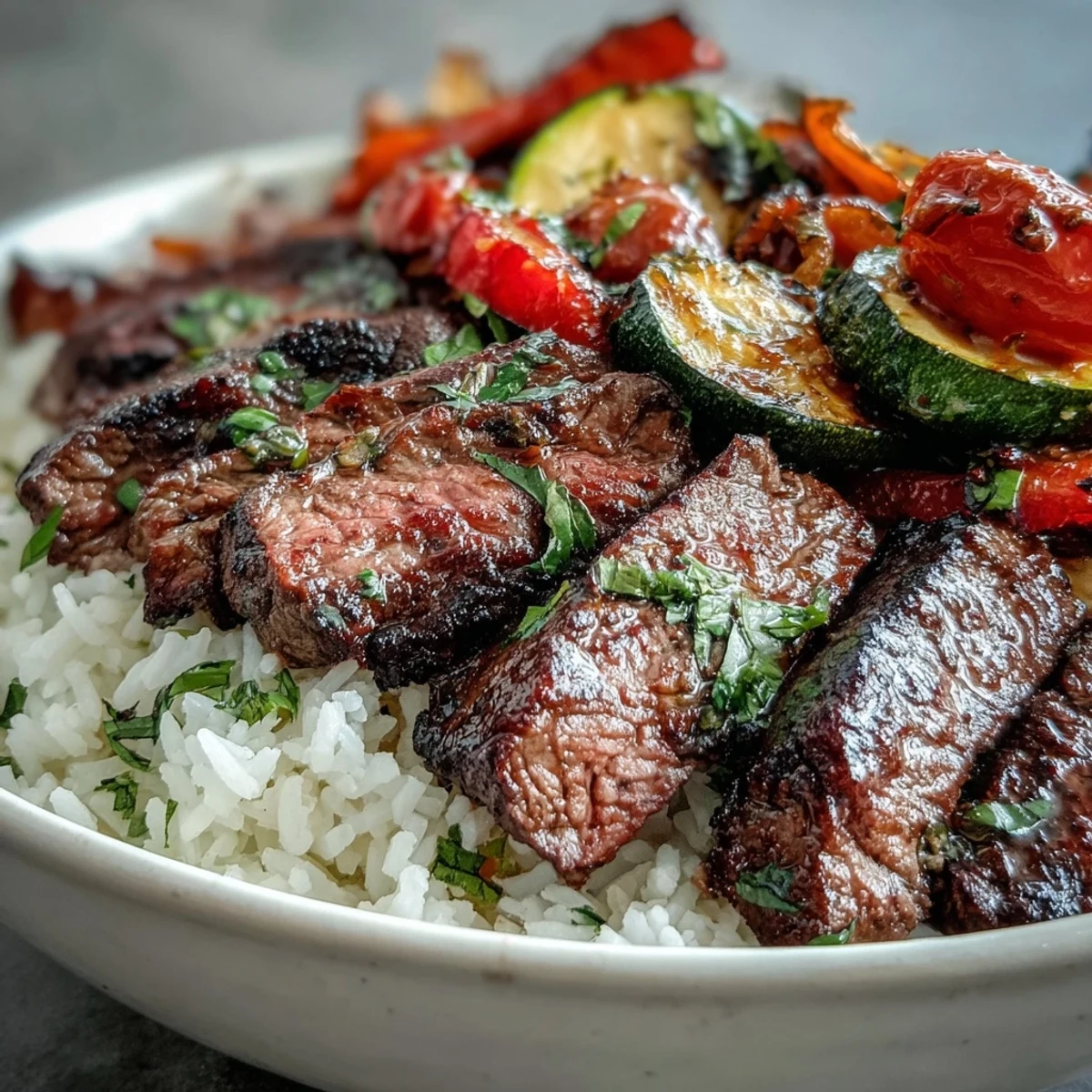 Juicy grilled steak sliced thin over a bed of fluffy rice, topped with smoky roasted veggies in a Sheet Pan Steak and Veggie Bowl.