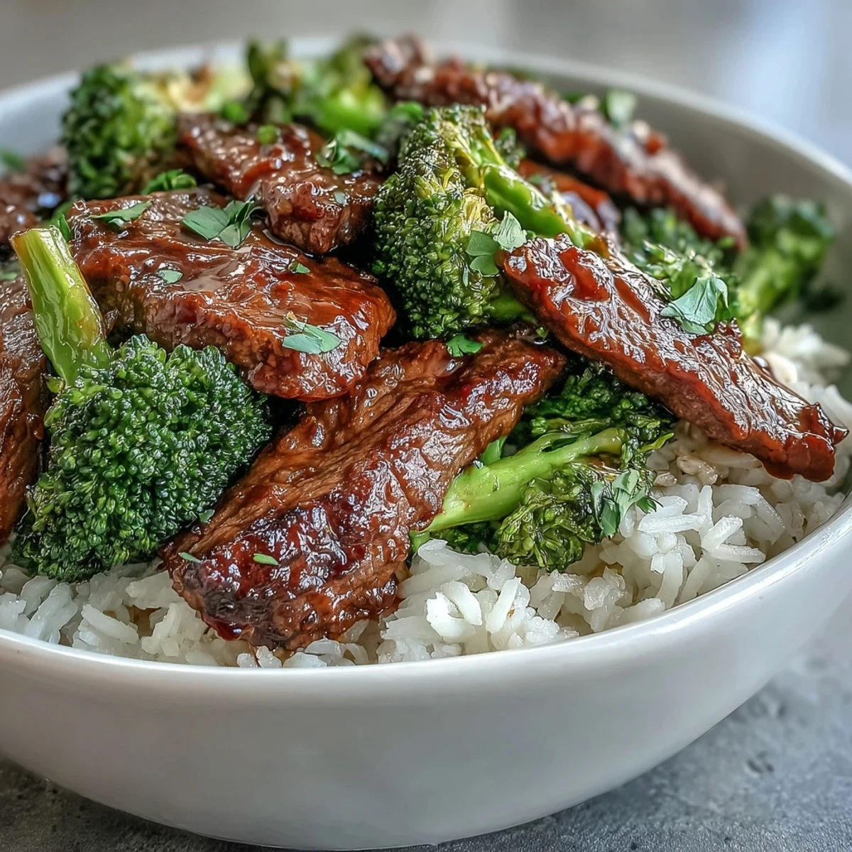 Savory Beef and Broccoli Bowl with saucy beef and steamed broccoli over rice, garnished with fresh green onions.