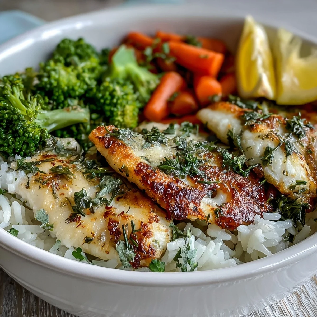 Four baked tilapia bowls sit on a wooden table, each flanked by bright green broccoli and orange carrot slices.