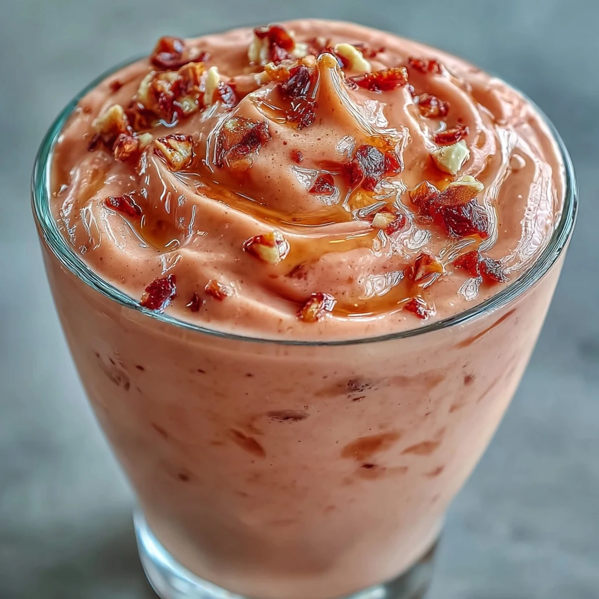 Creamy guava juice smoothie blended with Greek yogurt and frozen fruit served chilled in a tall glass.